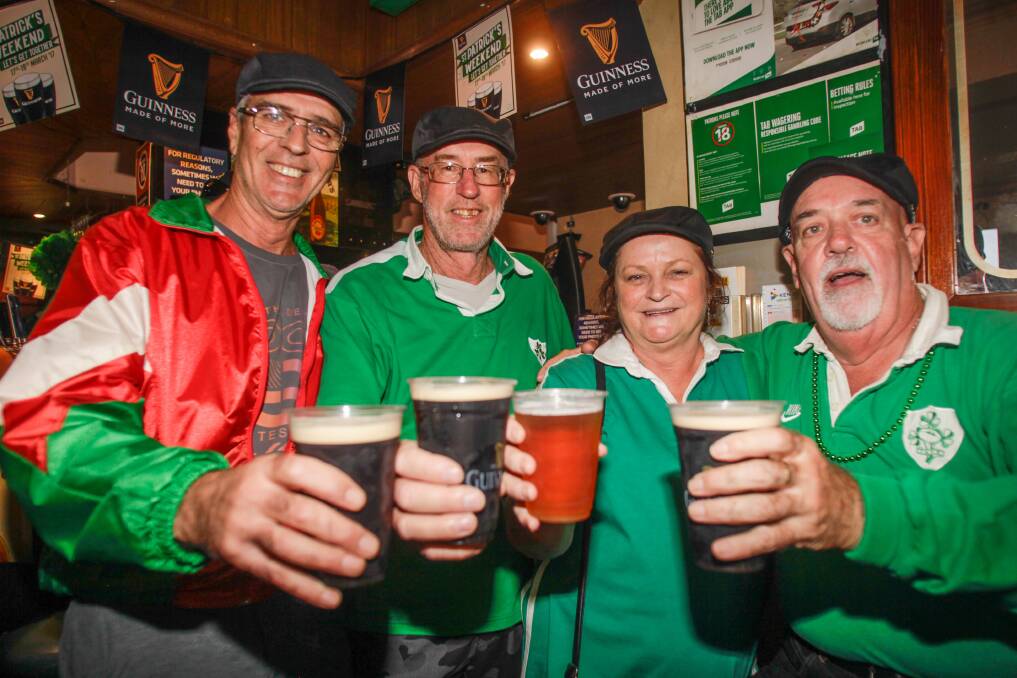 Legs Andrews, Pat O'Keffe, Sue O'Keefe and Peter Blance ready to celebrate St Patrick's Day at Dicey Riley's in Wollongong in 2017. Photo: Georgia Matts