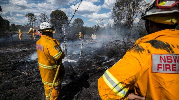 A Rural Fire Service crew extinguishes a grass fire in Luddenham near Penrith on Wednesday.  Photo: Wolter Peeters