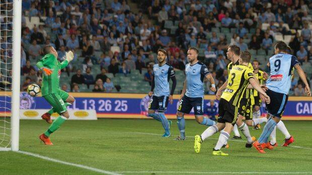 Prolific night: Bobo scores his second goal against Wellington Phoenix. Photo: AAP