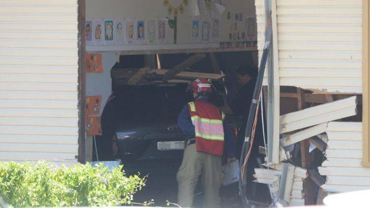 The vehicle which smashed into a classroom at Banksia Road Public School on Tuesday. Picture: Nick Moir
