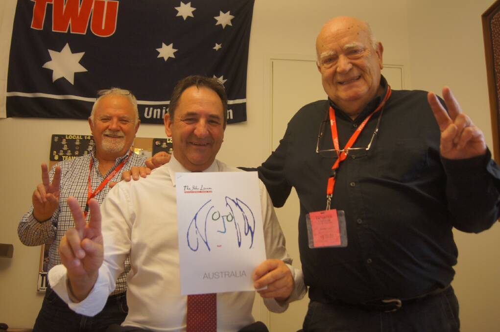 WA Labor Senator Glenn Sterle (centre) with legendary Australian music promoters Mark Pope (left) and Michael Chugg, in Canberra this week to hold talks on gaining support to bring the John Lennon Educational Bus Tour to Australia.