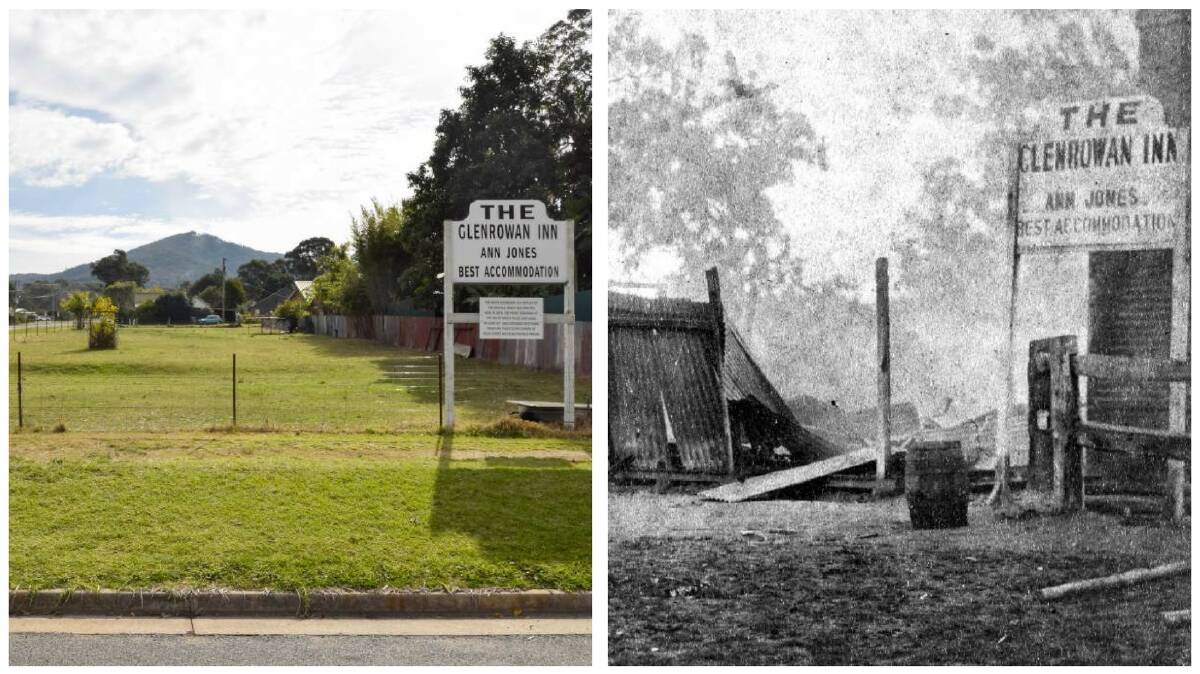 The site of the Kelly Gang siege is on the market for the first time in 65 years (left photo Garry Nash Real Estate). The remains of Ann Jones' Glenrowan Inn after the Kelly Gang siege in June 1880. The site is up for sale for the first time in 65 years. Picture: courtesy of State Library of Victoria