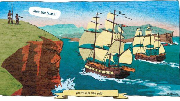 The First Fleet at Botany Bay. Illustration: Matt Davidson 