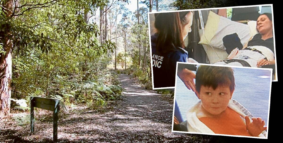 LUCKY ESCAPE: Michelle Small, top, and her son Dylan Deane after they were rescued in Mount Royal National Park, north of Singleton, on Thursday. The mother and son spent 11 days lost in bushland. Inset pictures: Channel Seven