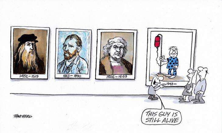 "This guy is still alive": Last Tandberg cartoon for Insight story December 2017, featuring Leonardo, Van Gogh and Rembrandt