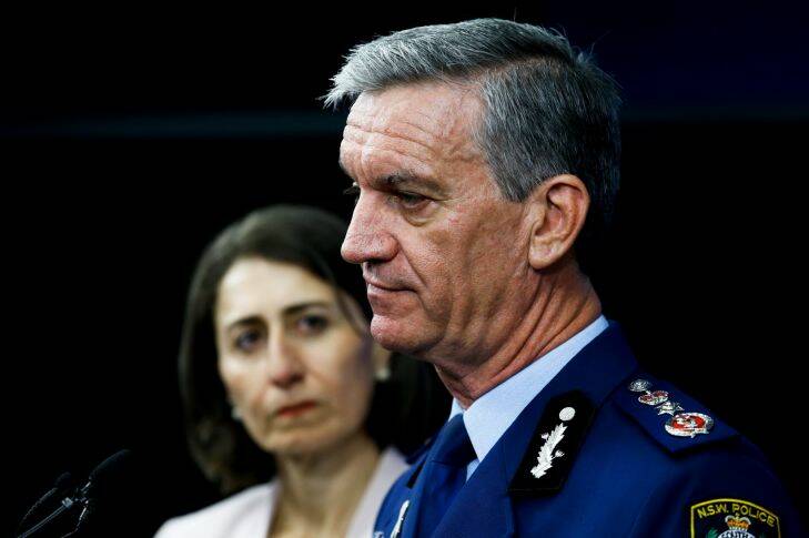 NSW Premier Gladys Berejiklian, and NSW Police Commissioner Andrew Scipione at a press conference where he announced his retirement in April. 2nd February 2017 Photo: Janie Barrett Photo: Janie Barrett