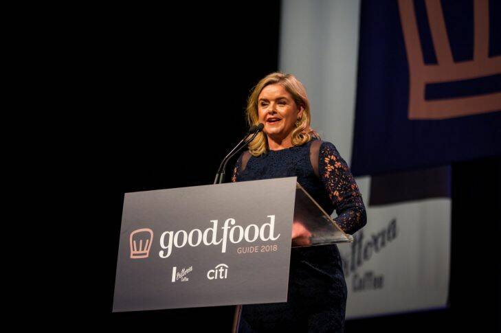 Good Food Guide Awards 2018 at The Star Event Centre in Pyrmont on October 16, 2017 in Sydney, Australia. Photo by Anna Kucera Belinda Craig, head of brand sponsorship at Citi, presenting at the Good Food Guide Awards 2018.