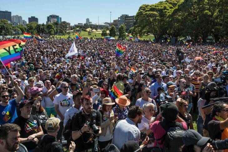 SEXPOL :  Addvicates for the YES vote at Prince Alfred Park, Sydney celebrate the verdic of the postal vote on same sex marriage as YES wins in every state, on 15 November 2017. Photo: Jessica Hromas