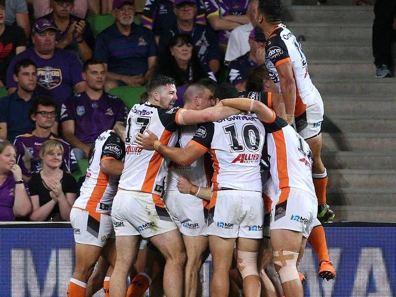 Wests Tigers stun Melbourne Storm in NRL clash at AAMI Park on Saturday night. Picture: Hamish Blair/AAP