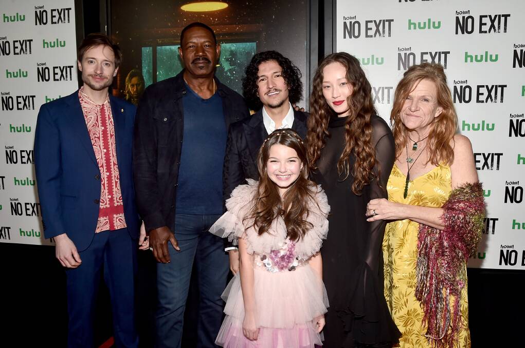 The No Exit cast at February's VIP screening in LA (from left) David Rysdahl, Dennis Haysbert, Danny Ramirez, Mila Harris, Havana Rose Liu and Dale Dickey. Picture: Getty Images