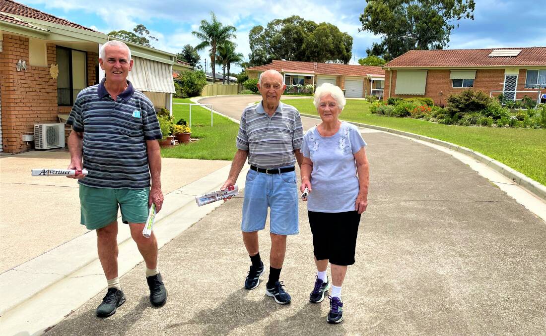 Dennis Moore, Bob and Sue Dann are among the RFBI Cessnock Masonic Village residents who help deliver the Advertiser around the village each week.