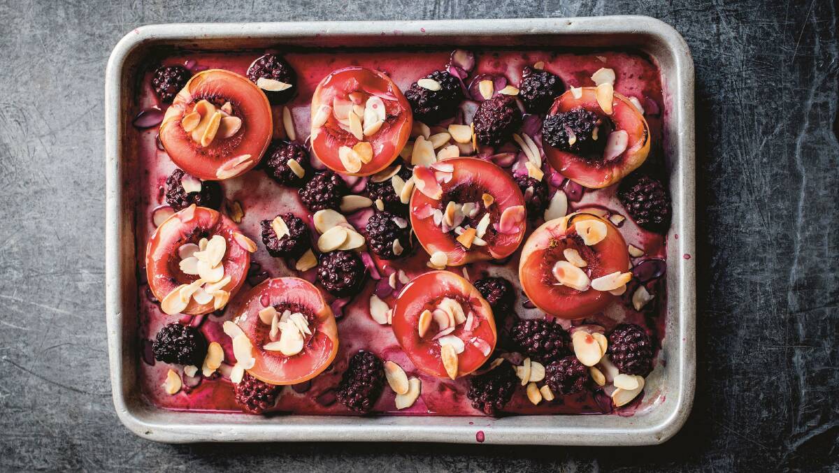 Baked nectarines with blackberries. Picture: Smith & Gilmour

