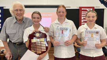 Nick Boes, 95, with the winning pupils from Kurnell Public School in the Kurnell History Prize 2024. First place winner was Audrey Hill, with Rosie Cameron (second place) and Darcie Harvey (third place). Picture supplied