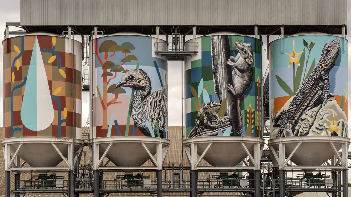 SO MUCH FAUNA: Native wildlife - the western bearded lizard, the mallee fowl, the thigh-spotted tree frog and the red-tailed phascogale - on silos at Newdegate. Mural: Brenton See/Photo: Bewley Shaylor/FORM