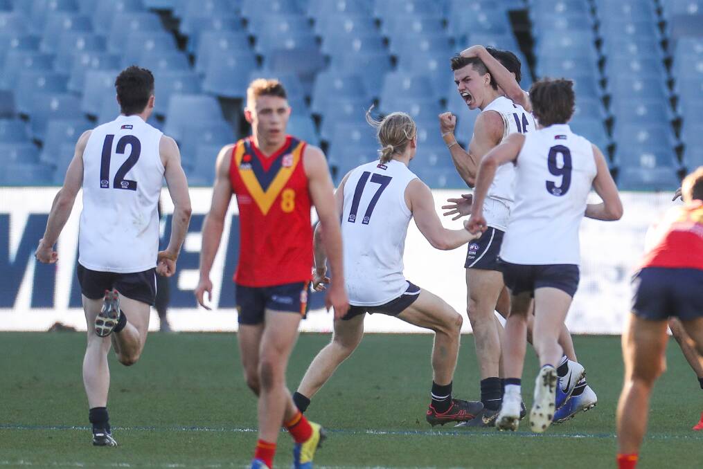 PUMPED UP: Vic Country's Brodie Kemp celebrates kicking the winning goal against South Australia at the 2019 AFL under 18 national championships. Kemp later ruptured his ACL but had done enough to impress Carlton which drafted the Bendigo teenager at pick 17 last November. Picture: Morgan Hancock