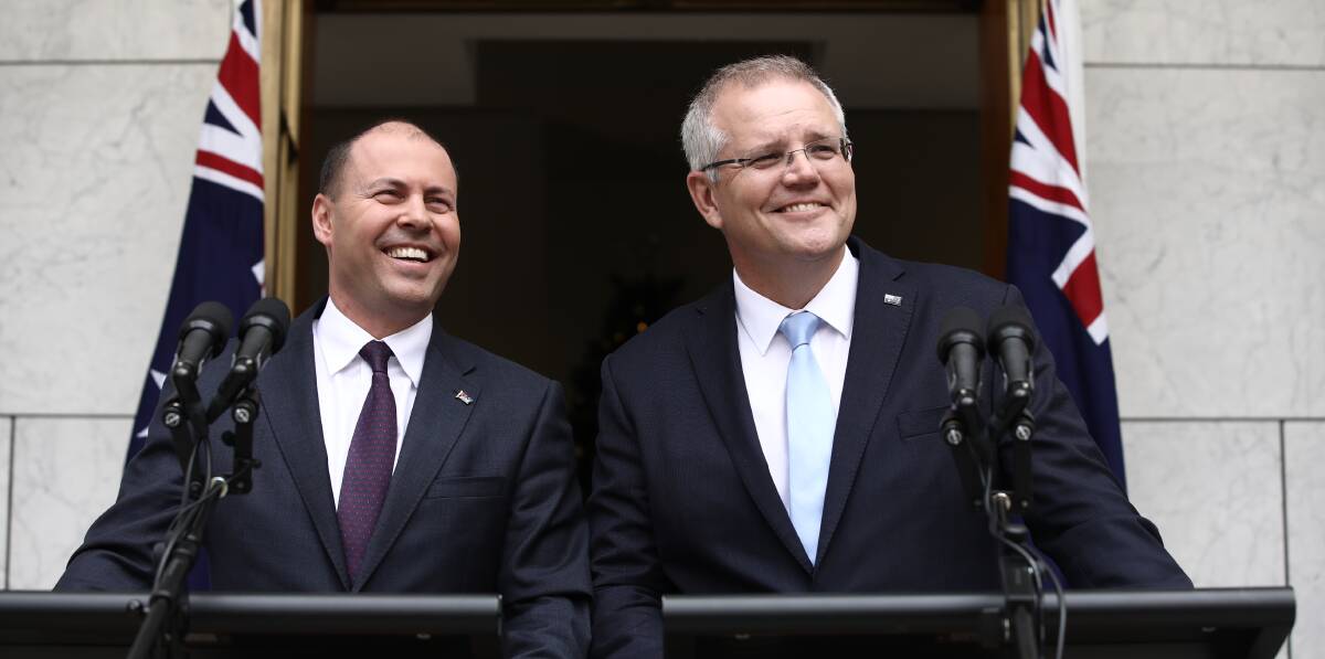 She'll be right: Prime Minister Scott Morrison and Treasurer Josh Frydenberg at Parliament House in Canberra last week where they vowed to hand down a surplus budget in April, ahead of the federal election. Photo: Dominic Lorrimer