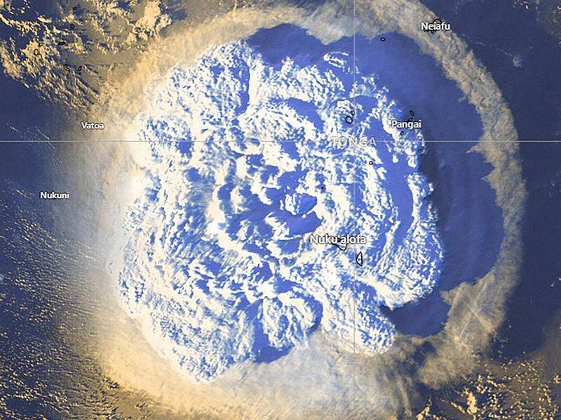 A satellite image of the Hunga Tonga-Hunga Ha'apai volcanic eruption in Tonga.