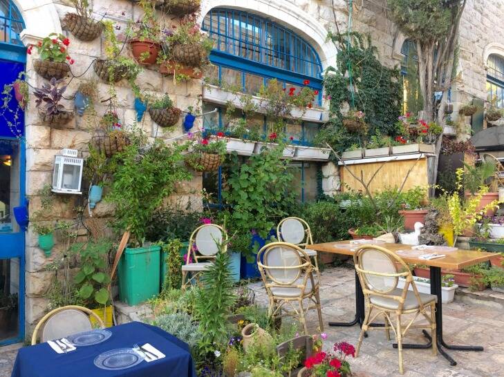 The rustic courtyard of?? Eucalyptus restaurant, Jerusalem.