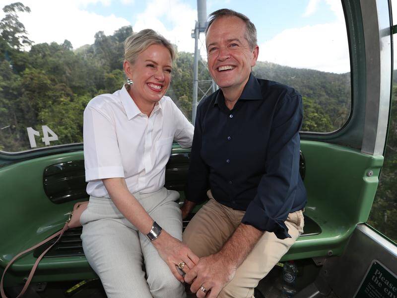 Labor leader Bill Shorten and his wife Chloe riding the Skyrail during a visit to Cairns on Monday.