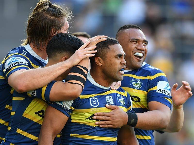 Michael Jennings (2nd r) scored Parramatta's first try in their elimination final win over Brisbane.