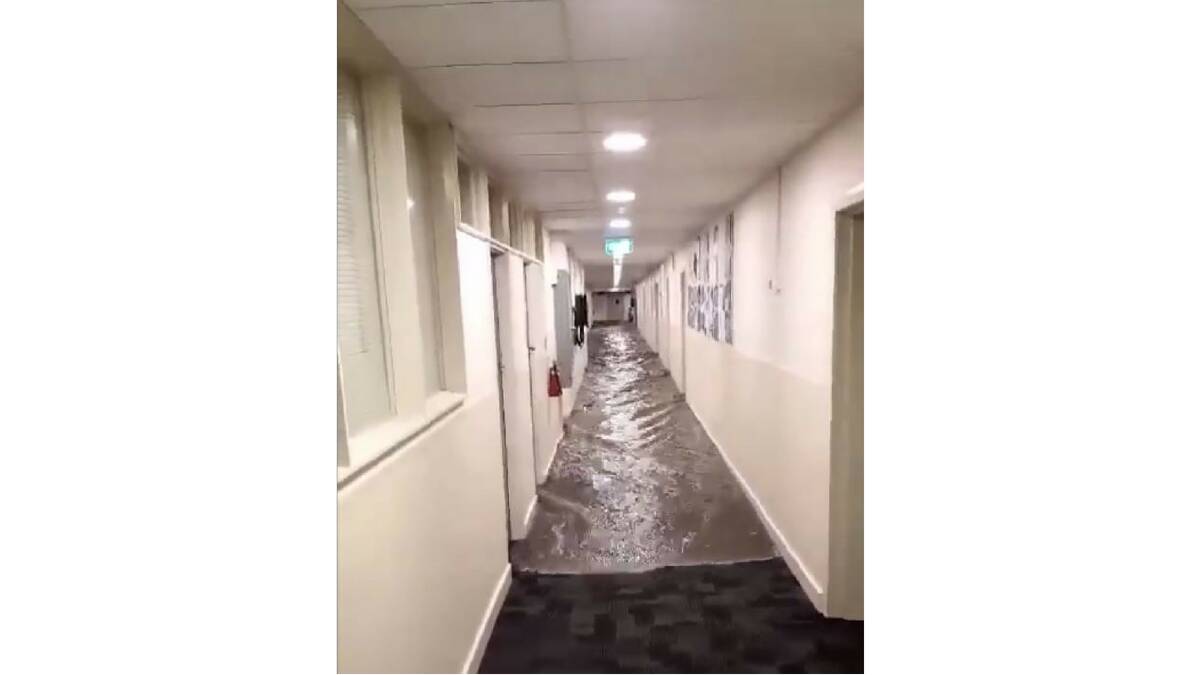 Still image from Togatus' video of the UTAS Sandy Bay campus' engineering building flooding.